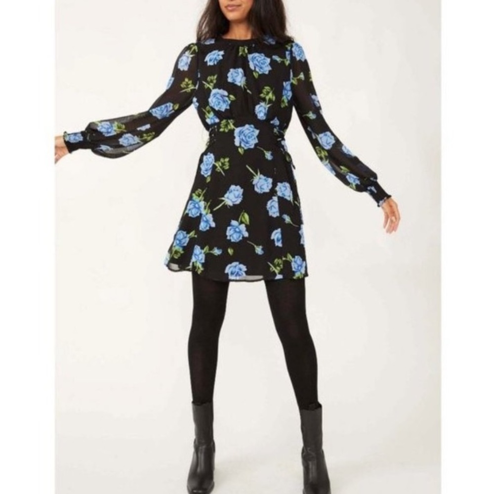 NEW Free People Samantha Corset Lace Up Sides Blue Roses Black Long Sleeve Dress